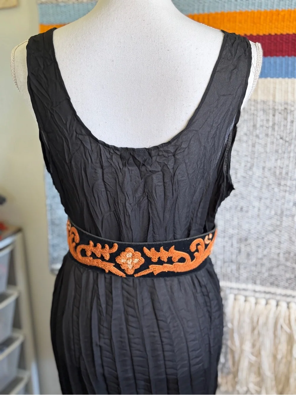 Vintage Black Belt with Orange Embroidered Floral Design